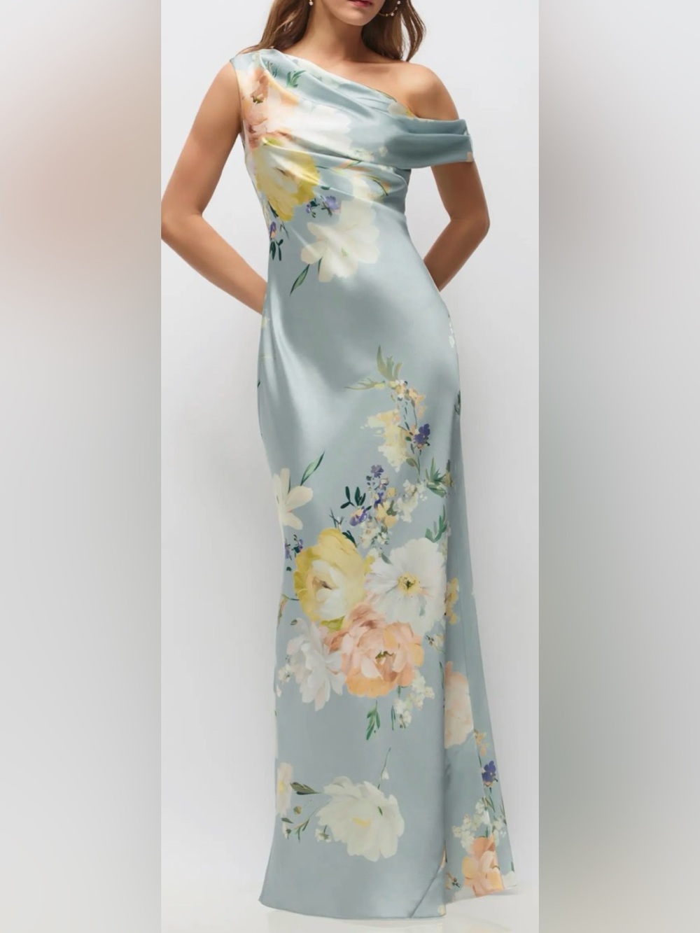 NEW After Six Liv Floral Print One-Shoulder Blue  Mist Multi Gown Sz M